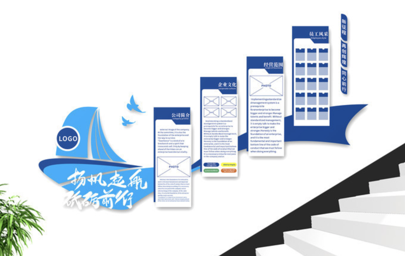 藍(lán)色科技企業(yè)公司標(biāo)語文化墻(圖4) 藍(lán)色科技企業(yè)發(fā)展歷程樓道樓梯科技感文化墻